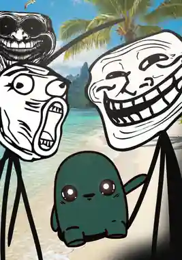 SHINO on a beach surrounded by rage comic faces.