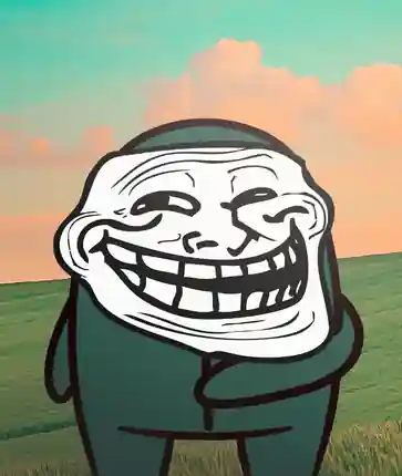 SHINO in a field wearing an oversized troll face.